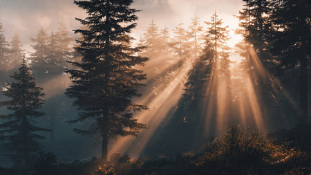 Sunbeams in the misty forest at sunrise. Beautiful landscape with sunbeams.の写真素材