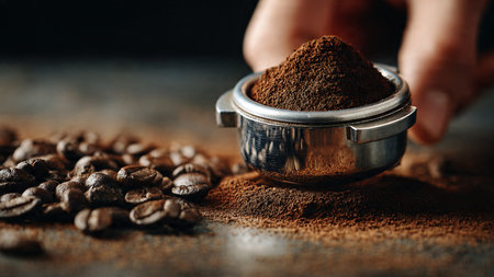 Coffee grinder with ground coffee and roasted coffee beans on dark backgroundの写真素材