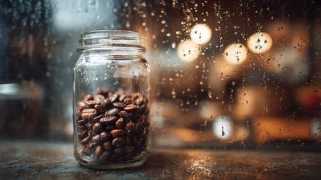 Coffee beans in a glass jar on the background of a rainy window