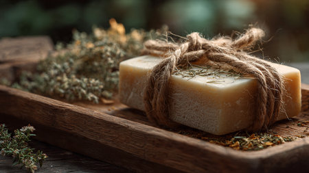 Natural handmade soap with herbs on rustic wooden background. Selective focus.の写真素材