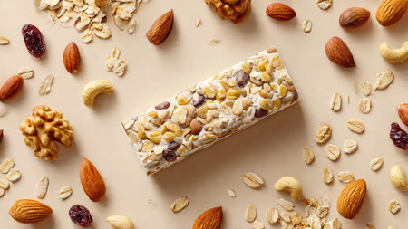Granola bar with nuts and raisins on beige background