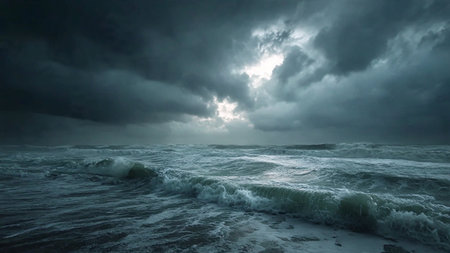 Stormy sea with stormy clouds, dark waves and dark skyの写真素材
