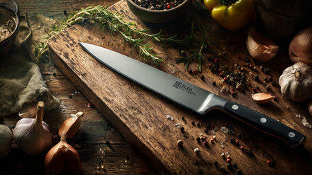 Kitchen knife with herbs and spices on a wooden cutting board.