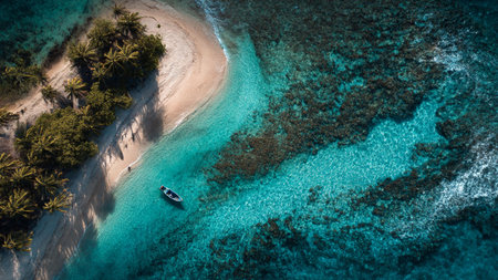 Aerial view of beautiful tropical island with sandy beach and palm trees