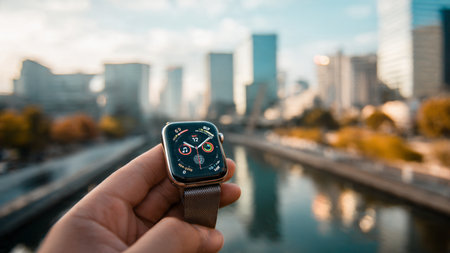 Smart watch in hand on the background of the city and the riverの写真素材