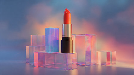 Lipstick and transparent cubes on blue background. 3d renderingの写真素材