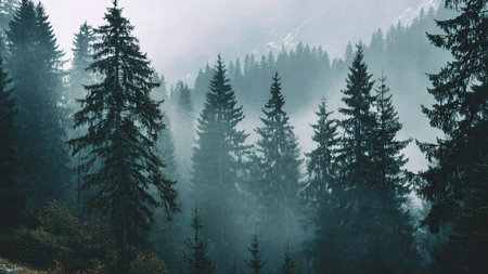 Foggy morning in the Carpathian mountains, Ukraine.