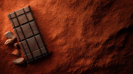 Chocolate bar and cocoa powder on a dark background. Top view.の写真素材