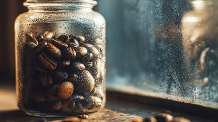 Coffee beans in a glass jar on a windowsill.の写真素材