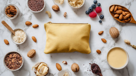 Healthy food and nutrition, dieting and nutrition concept. Assortment of nuts, berries and cereal on...
