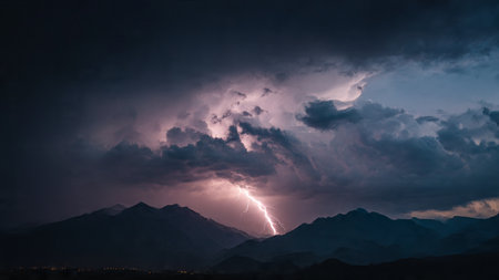 Thunderstorm over the mountains. Dramatic sky with lightning and storm cloudsの写真素材