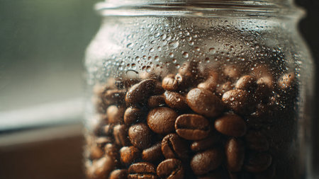 Coffee beans in a jar with water drops on the windowの写真素材