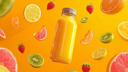 Bottle of fresh orange juice with flying fruits on yellow background.