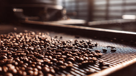 Coffee beans on a conveyor belt in a coffee shop