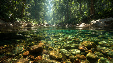 Tropical river with clear water and stone in jungle, Thailand