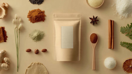 Flat lay composition with spices on beige background, top view