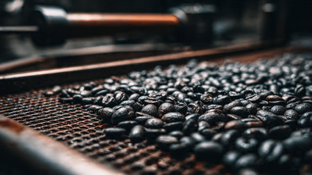 Coffee beans on conveyor belt in coffee factory, close up