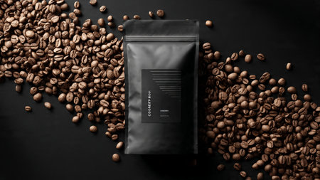 Coffee beans in a black package on a black background.の写真素材