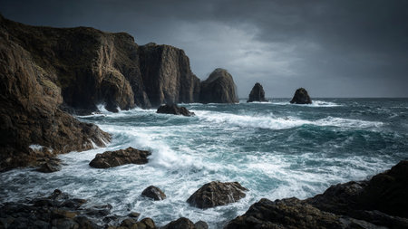 Stormy sea with rocks and stormy sky. Toned.