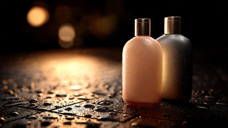 Cosmetics bottles on wet floor. Shallow depth of field.の写真素材