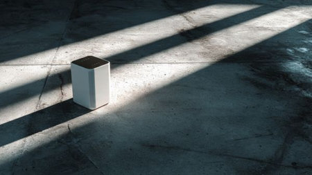 3d render of white cube on concrete floor with shadow from sunlightの写真素材