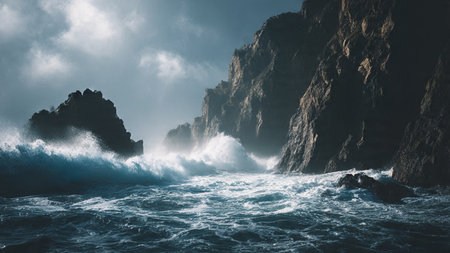 Stormy sea with big waves and rocks. 3D Rendering