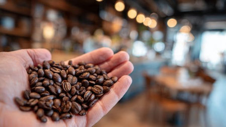 Coffee beans in hand on blur background of coffee shop.の写真素材