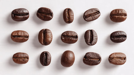roasted coffee beans on a white background, top view, flat lay