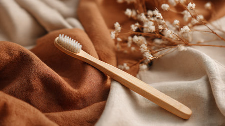 Bamboo toothbrush on beige fabric, closeup. Dental careの写真素材