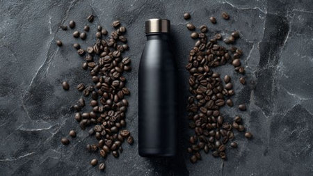 top view of black thermos with coffee beansle surface, panoramic shotの写真素材