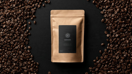 Coffee bag mockup on a black background with coffee beansの写真素材