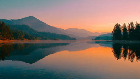 Mountain lake at sunset with reflection in water. Beautiful landscape.の写真素材