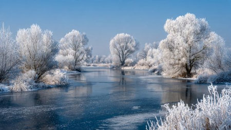Winter landscape - trees covered with hoarfrost on the river bankの写真素材