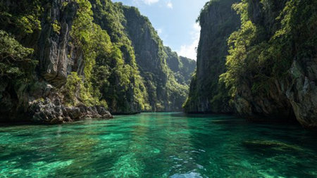 Panoramic view of turquoise sea and limestone cliffs