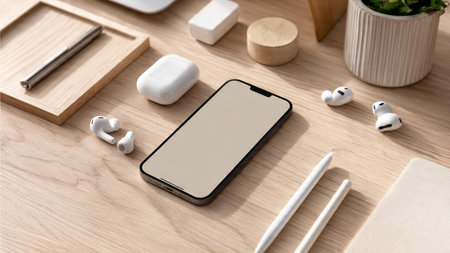 Smartphone mockup with blank screen on wooden table, top view