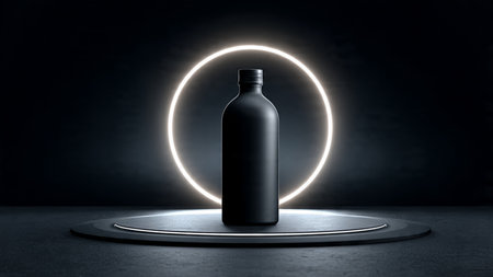Black bottle mockup on dark background with neon light. 3D renderingの写真素材