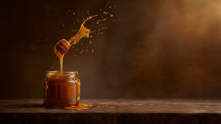 Honey dripping from a wooden honey dipper into a glass jar on a dark backgroundの写真素材