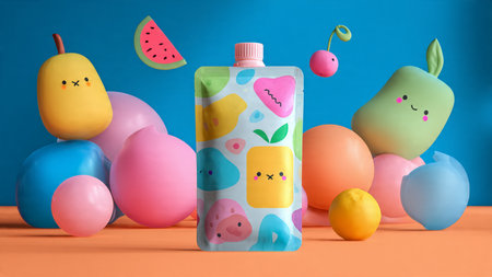 Plastic bottle with funny food characters on color background, 3d renderの写真素材