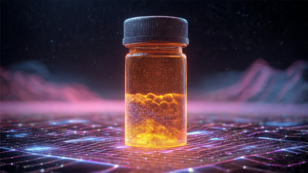 Medicine bottle with yellow liquid inside. 3D rendering of science fiction illustration.の写真素材