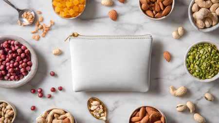 Flat lay composition with nuts and seeds.