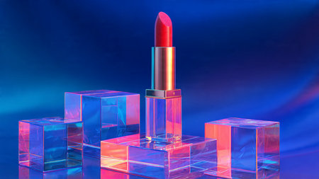Lipstick on blue background. 3d rendering. 3d illustration.の写真素材