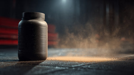 Sport nutrition concept. Sports nutrition bottle on dark background. Mixed mediaの写真素材