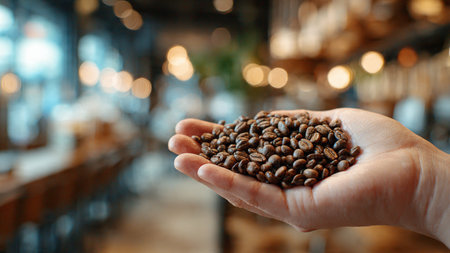 Female hand holding roasted coffee beans on blurred background, closeup. Space for textの写真素材