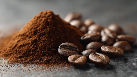 Coffee beans and ground powder on grey table, closeupの写真素材
