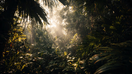 Tropical rainforest with palm trees and sunlight in the morning