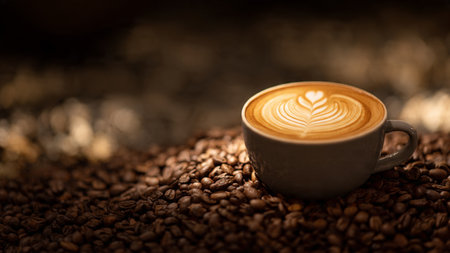 Coffee cup with latte art on coffee beans background.の写真素材