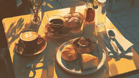 Breakfast with coffee, croissants and croissants on the table