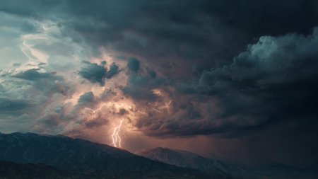 Stormy sky with lightning in the mountains. 3d illustration.の写真素材