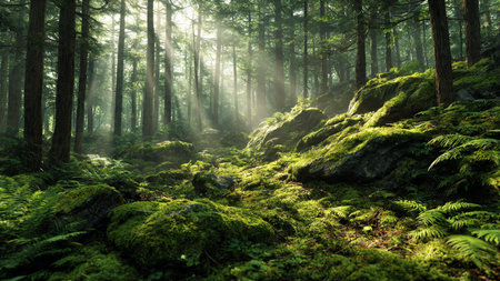 Morning in the forest with sunbeams and ferns.