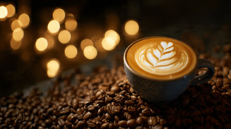 Coffee cup with latte art on coffee beans background.
